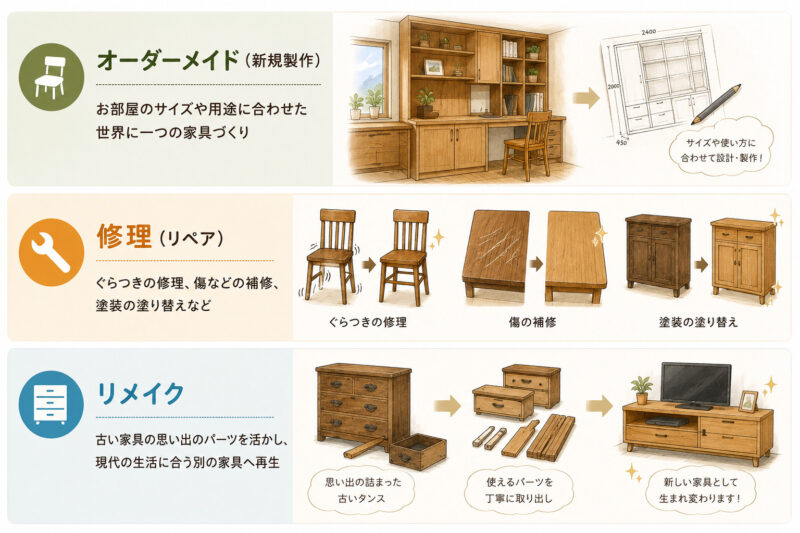 オーダーメイド（新規製作）： お部屋のサイズや用途に合わせた世界に一つの家具づくり 修理（リペア）： ぐらつきの修理、傷などの補修、塗装の塗り替えなど リメイク： 古い家具の思い出のパーツを活かし、現代の生活に合う別の家具へ再生